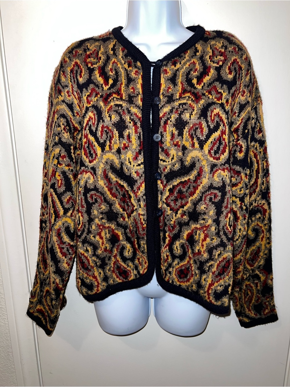 Beautiful Norton McNaughton Black, Red, Yellow Paisley Cardigan